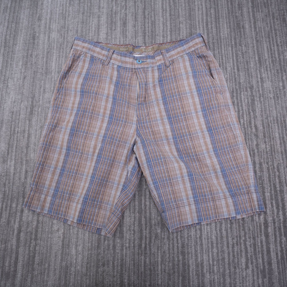 Tommy Bahama Relax Mens Plaid Shorts Blue Brown Cotton Linen Size 35 Fit 34x9.5